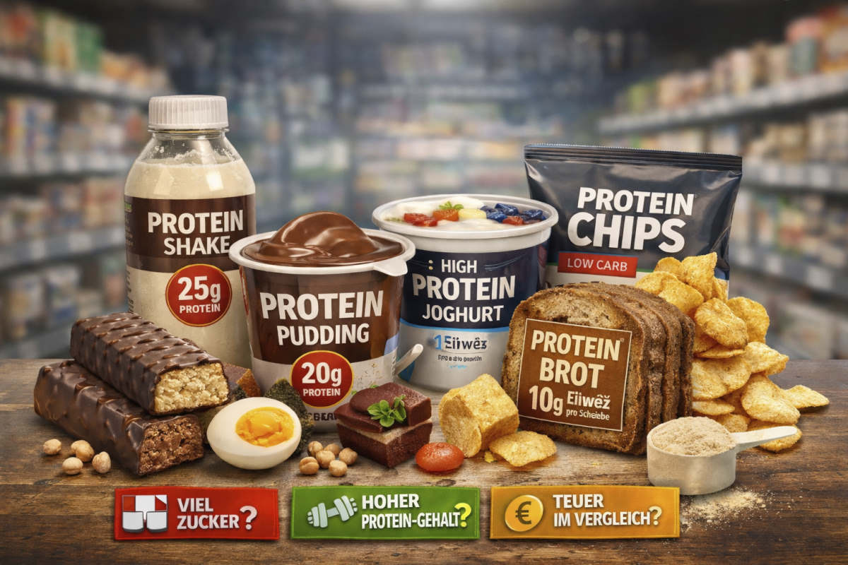 High-Protein Produkte: Pudding, Riegel und Joghurt im Supermarktregal