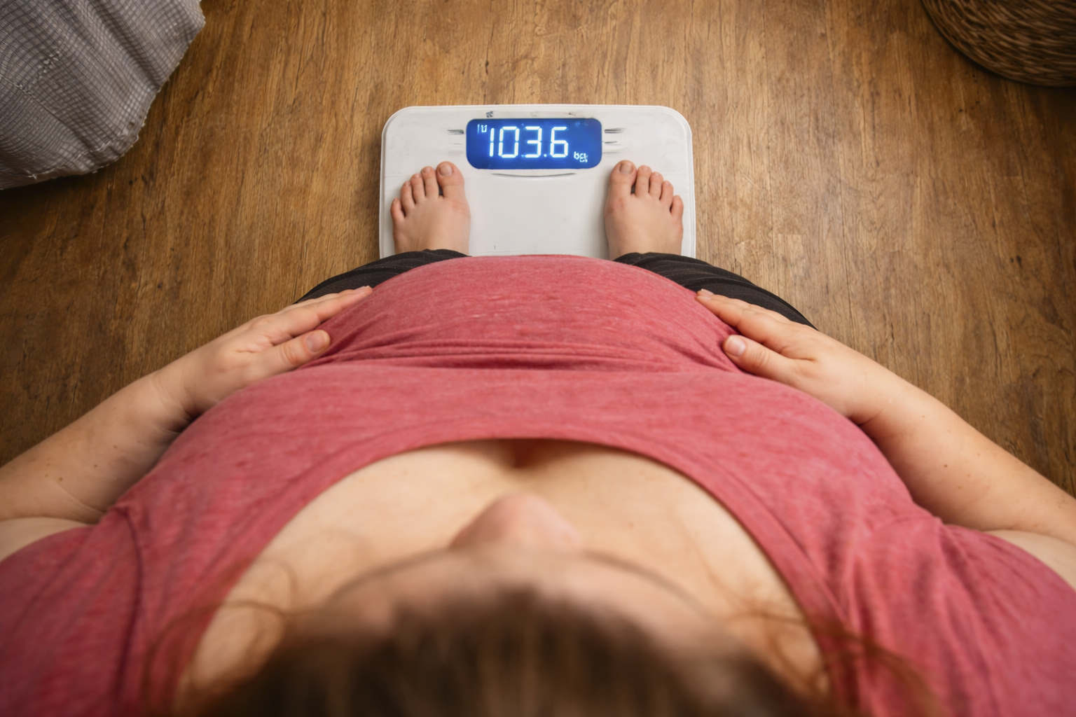 Blick über den Bauch auf die Waage – 103.6 kg